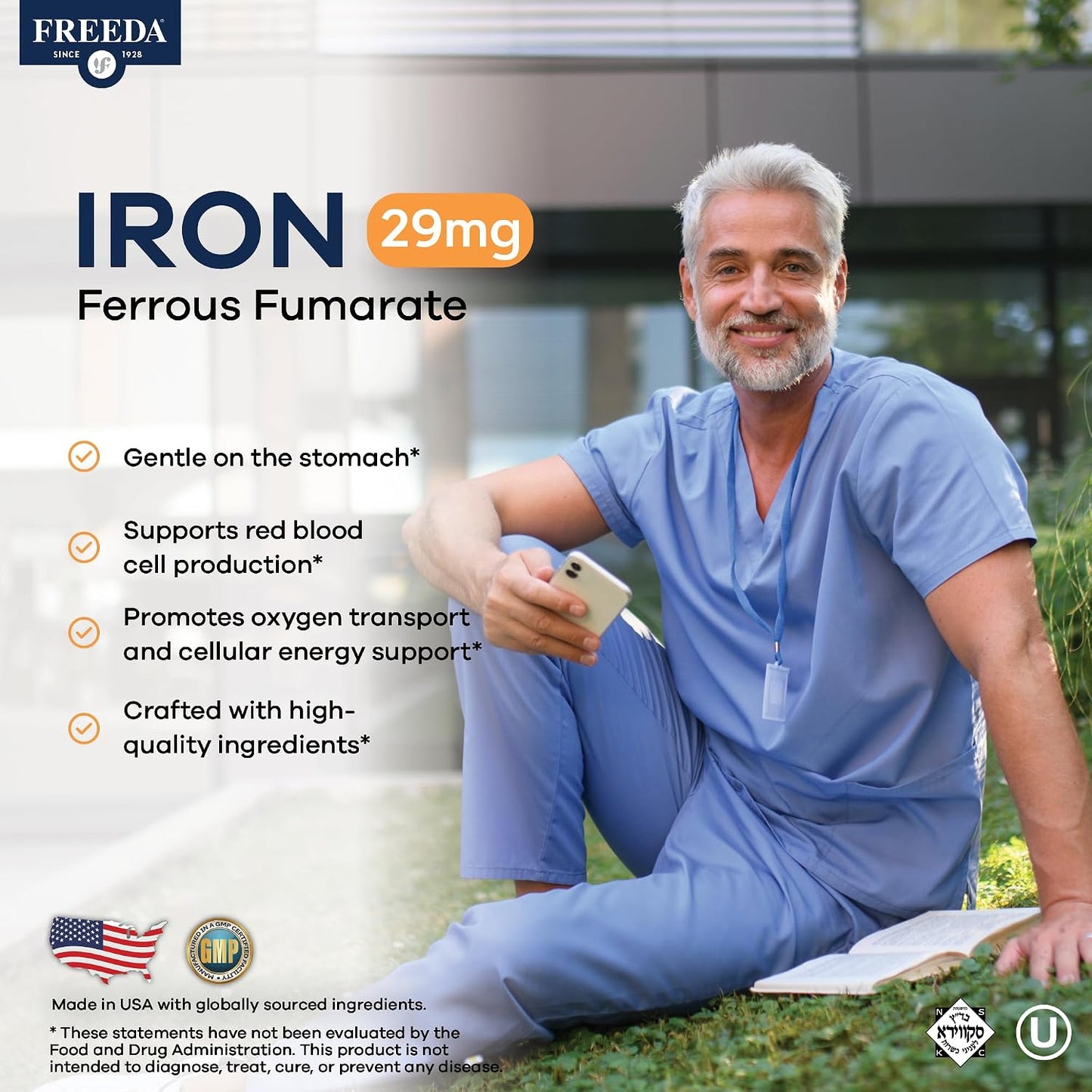 Freeda Iron Supplement - Ferrous Fumarate Iron Tablets | Gentle Ferrous Fumarate Iron Tablets - Support Energy & Red Blood Cells - Easy-To-Swallow - Kosher & Made In USA