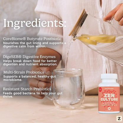 Zen Principle Zenculture™ – 4-in-1 Synbiotic Supplement (Probiotic + Prebiotic + Postbiotic + Digestive Enzymes) with CoreBiome®. Anti Bloating, Immune & Brain-Gut Health. 60 Capsules