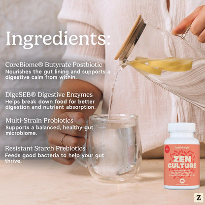 Zen Principle Zenculture™ – 4-in-1 Synbiotic Supplement (Probiotic + Prebiotic + Postbiotic + Digestive Enzymes) with CoreBiome®. Anti Bloating, Immune & Brain-Gut Health. 60 Capsules