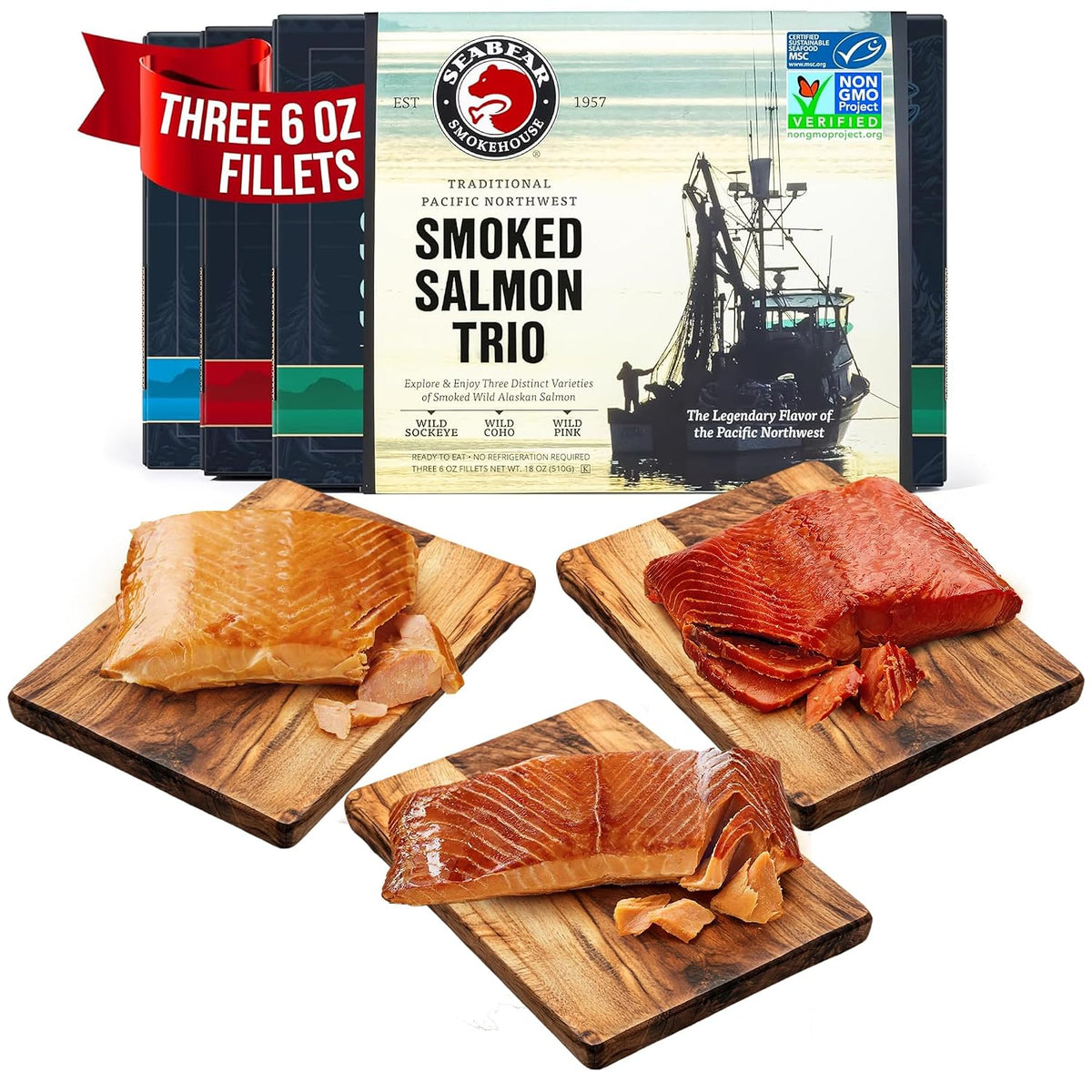 SeaBear Smoked Salmon Trio 18oz (3 x 6oz) Fillets Gift Box – Wild Alaska Sockeye, Wild Pink & Coho Fillets, Shelf Stable, Ready to Eat, 18 Ounce (3 x 6 Ounce) Filets
