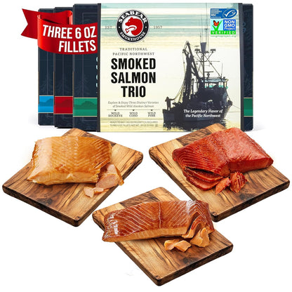 SeaBear Smoked Salmon Trio 18oz (3 x 6oz) Fillets Gift Box – Wild Alaska Sockeye, Wild Pink & Coho Fillets, Shelf Stable, Ready to Eat, 18 Ounce (3 x 6 Ounce) Filets