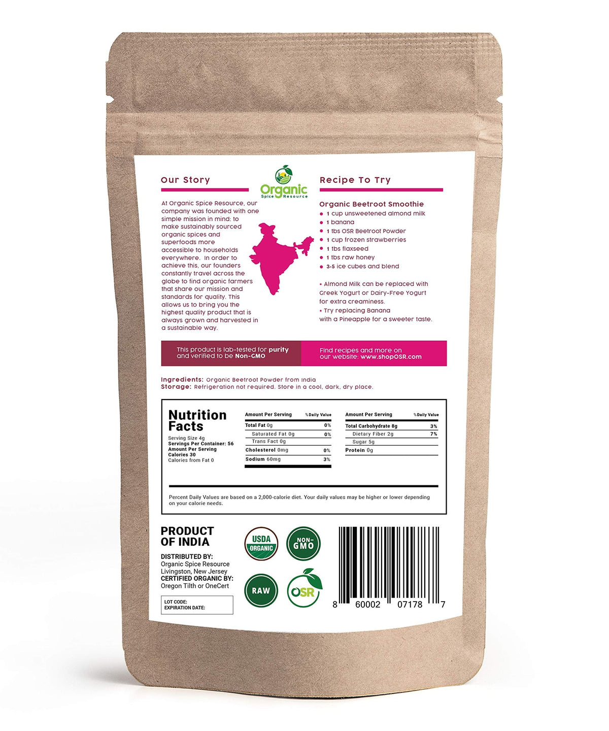 Organic Beet Root Powder | 8 oz or 226g | USDA Organic Approved, Raw and Non GMO