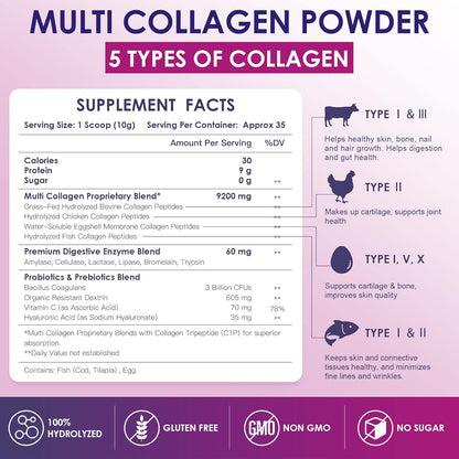 NATURE TARGET Multi Collagen Peptides Powder, 35 Servings | Type I, II, III, V, X, Hydrolyzed Collagen Peptides with Vitamin C Hyaluronic Acid, Supports Skin Hair Nail & Joint