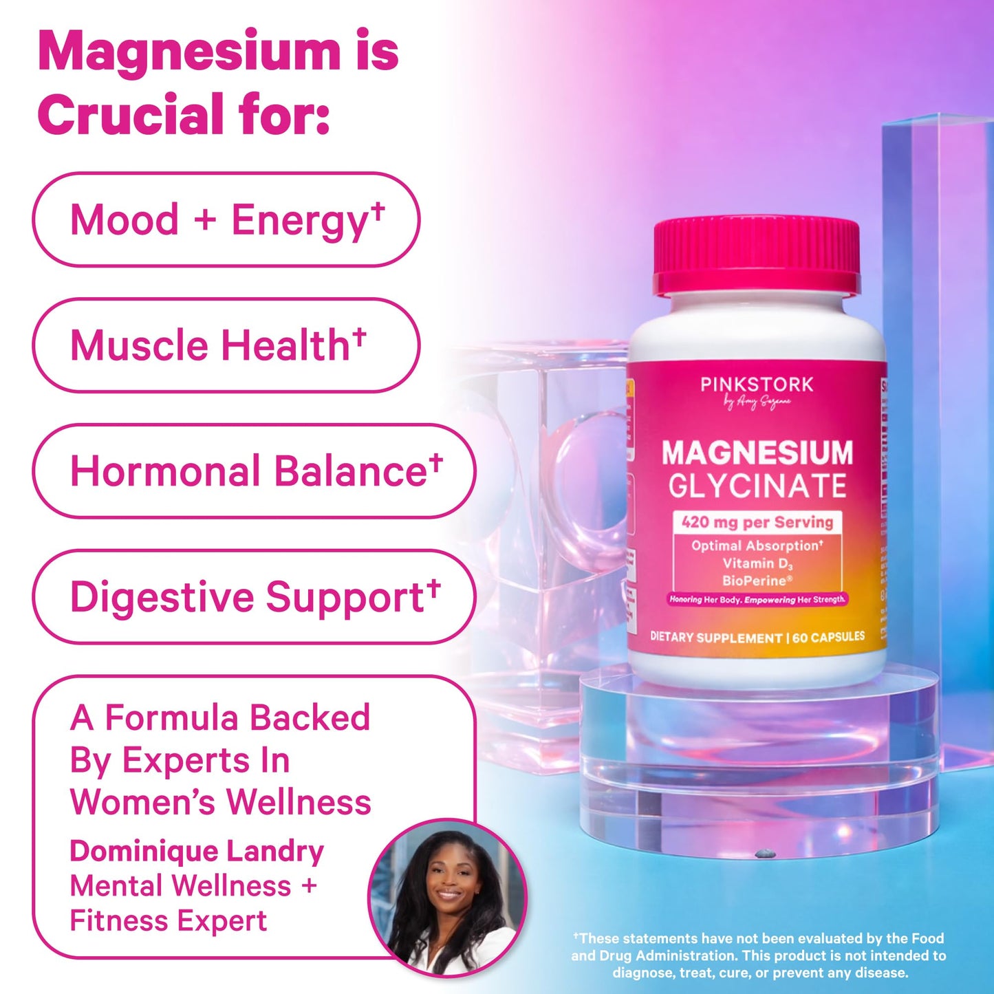 Pink Stork Magnesium Glycinate with Vitamin D, 60 Capsules | Magnesium Supplement for Women, Supports Natural Calm, Mood, and Sleep, Hormone Balance for Women, 1 month supply