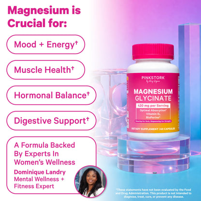 Pink Stork Magnesium Glycinate with Vitamin D, 60 Capsules | Magnesium Supplement for Women, Supports Natural Calm, Mood, and Sleep, Hormone Balance for Women, 1 month supply