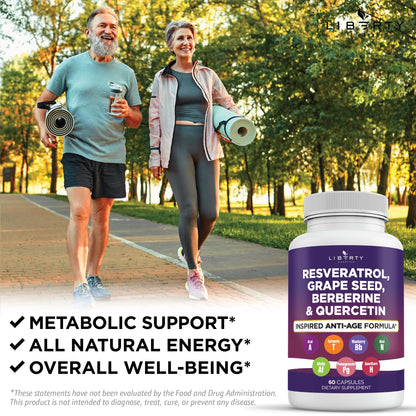 Liberty Lifestyle Resveratrol, Berberine, Grape Seed Extract, Quercetin, Polyphenol Supplement for Women and Men with Noni Extract, N-Acetyl Cysteine, Acai Extract - 2-Pack