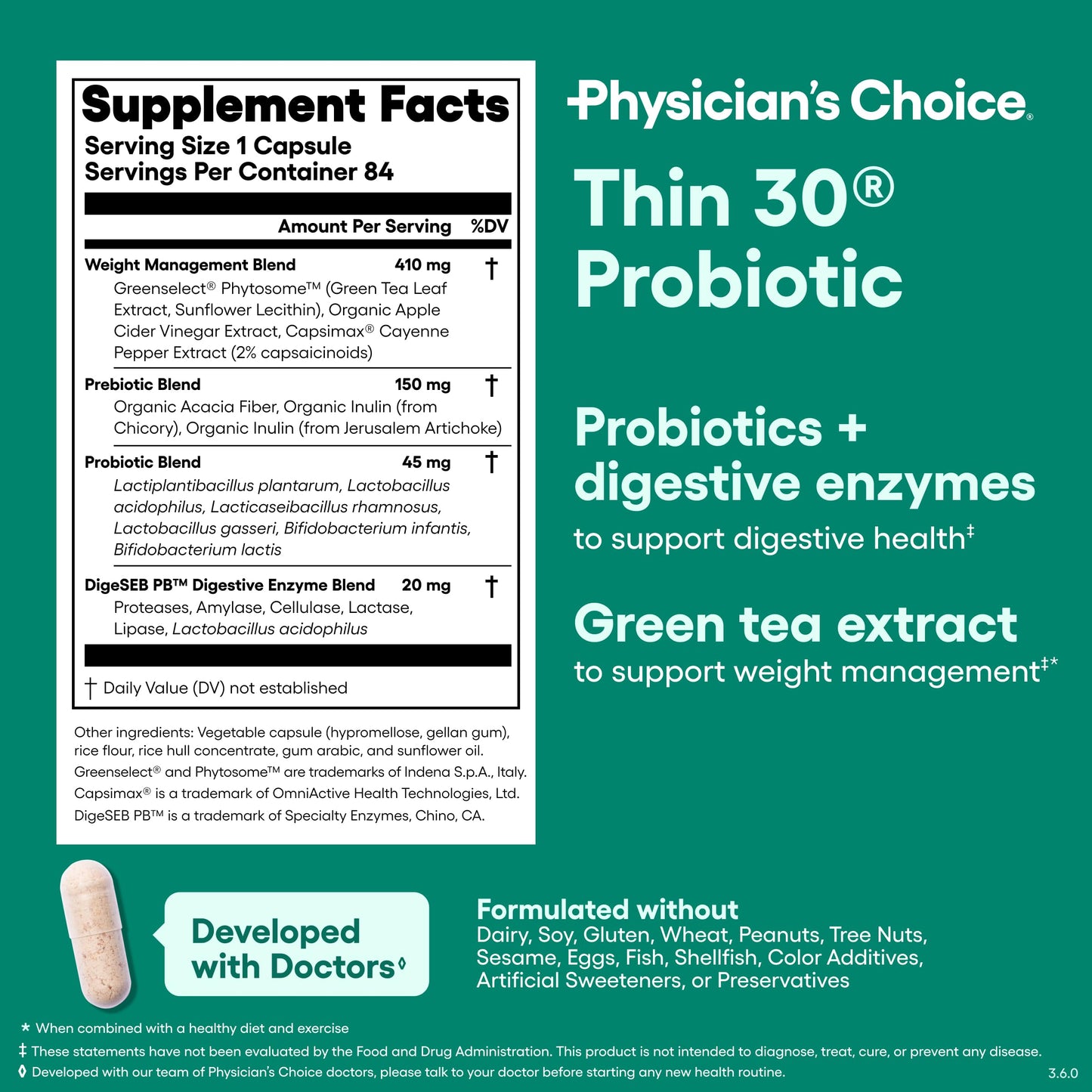 Physician's CHOICE Probiotics for Weight Management & Bloating, 30ct | 6 Probiotic Strains, Prebiotics, Cayenne, & Green Tea for Gut Health, Bloating Relief, & Weight Management for Women & Men