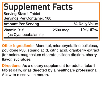 Vitamin B12 2500mcg Shot of Energy Fast Dissolve Chewable Tablets - Quick Release Cherry Flavored Sublingual B12 Vitamin - Supports Nervous System, Healthy Brain Function Energy Production – 90 Count