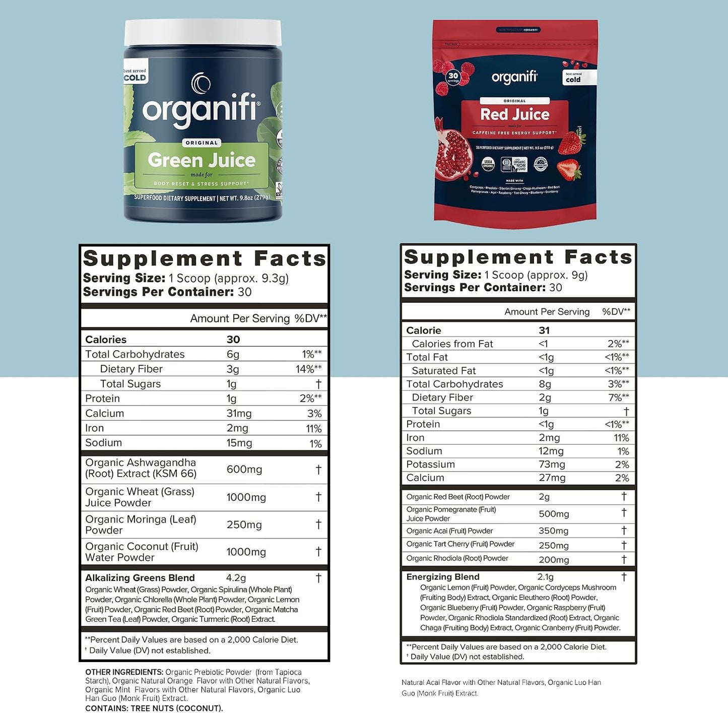 Organifi Green Juice and Red Juice Bundle - 30 Day Supply - Delicious, Refreshing Organic Superfood Supplement Powder With Antioxidants for Energy and Stress Relief Support - No GMO, Gluten, or Soy