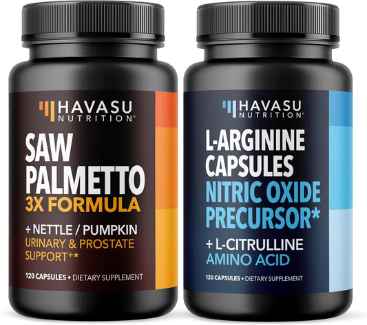 Prostate Health and Nitric Oxide Support Bundle for Active Male Health | Saw Palmetto with Nettle and Pumpkin Capsules & L-Arginine with L-Citrulline Capsules, Bundle for Men, 60 Servings of Each