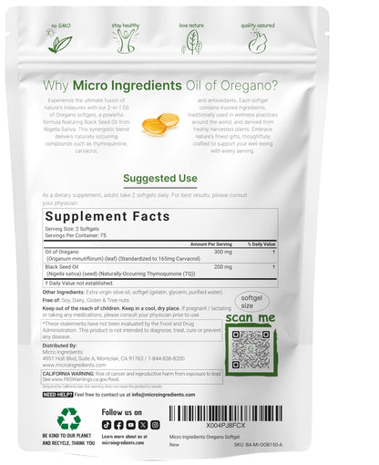 Micro Ingredients Oil of Oregano Softgels, 300 Count | 2 in 1 Formulated with Black Seed Oil | 4X Strength Carvacrol & Thymoquinone | Plant Based, Non-GMO