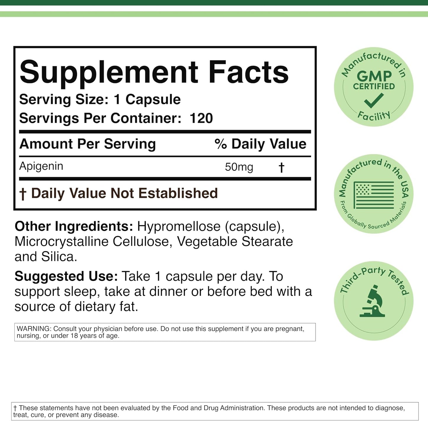 Apigenin Supplement - 50mg per Capsule, 120 Count (Powerful Bioflavonoid Found in Chamomile Tea for Relaxation, Sleep, and Mood) Senolytic Flavonols for Aging (Gluten Free) by Double Wood