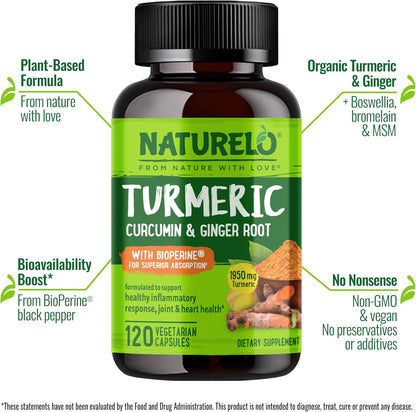NATURELO Turmeric Curcumin - BioPerine for Better Absorption - Black Pepper, Ginger Root, Curcuminoids - Plant-Based Joint Discomfort Support - 120 Vegan Capsules