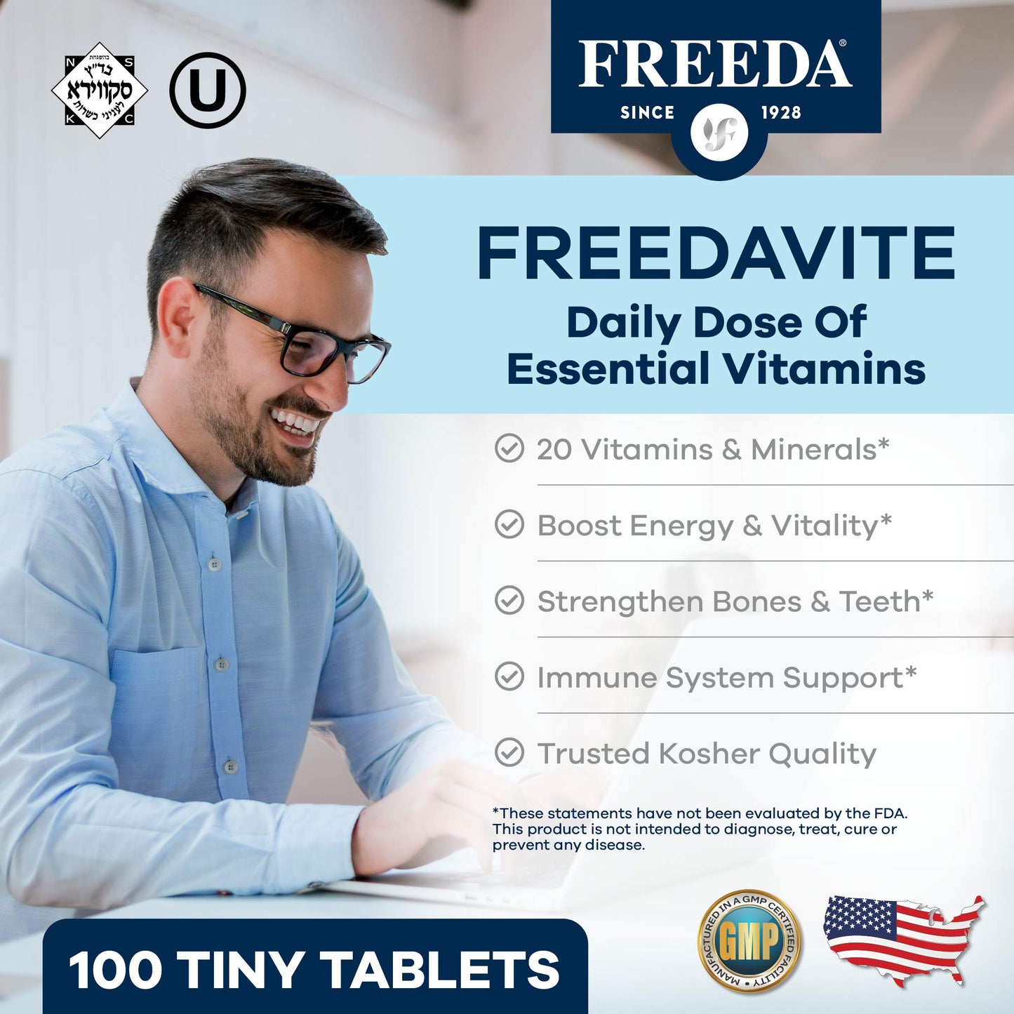 Freedavite Tiny Tablet - Moderate Multivitamin for Men and Women - Pure Vitamin A, C, D, E, B1, B2, B6, B12, Biotin, Calcium, Zinc, Iron, Magnesium, Manganese, Copper, Selenium, Iodine - 250 Count | Supports Energy, Immunity, Bone & Brain Health – 20 Esse