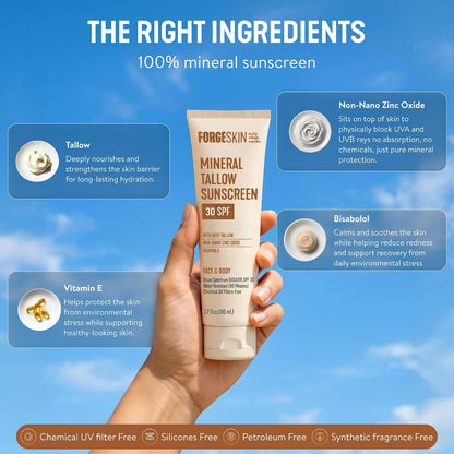 Forge Skin Mineral Sunscreen SPF 30, Non-Nano Zinc, Tallow-Based, 2.7 oz | Broad spectrum SPF 30, non-nano zinc oxide, grass-fed tallow base, no white cast, water resistant 80 min, oxybenzone-free
