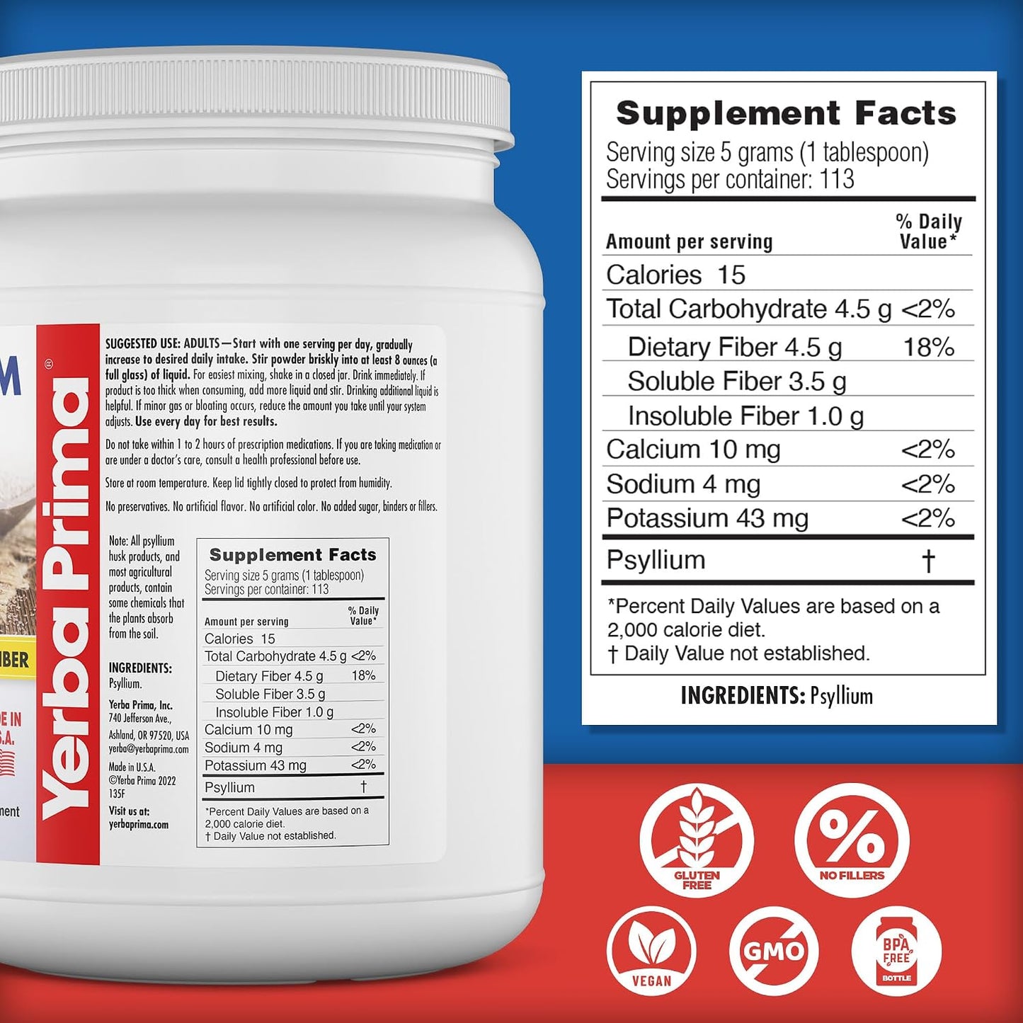 Yerba Prima Psyllium Whole Husks Fiber Supplement 20oz - Colon Cleanse - Gut Health - Vegan Non-GMO Gluten Free