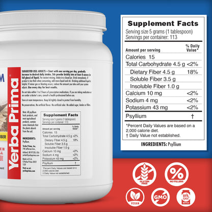 Yerba Prima Psyllium Whole Husks Fiber Supplement 20oz - Colon Cleanse - Gut Health - Vegan Non-GMO Gluten Free