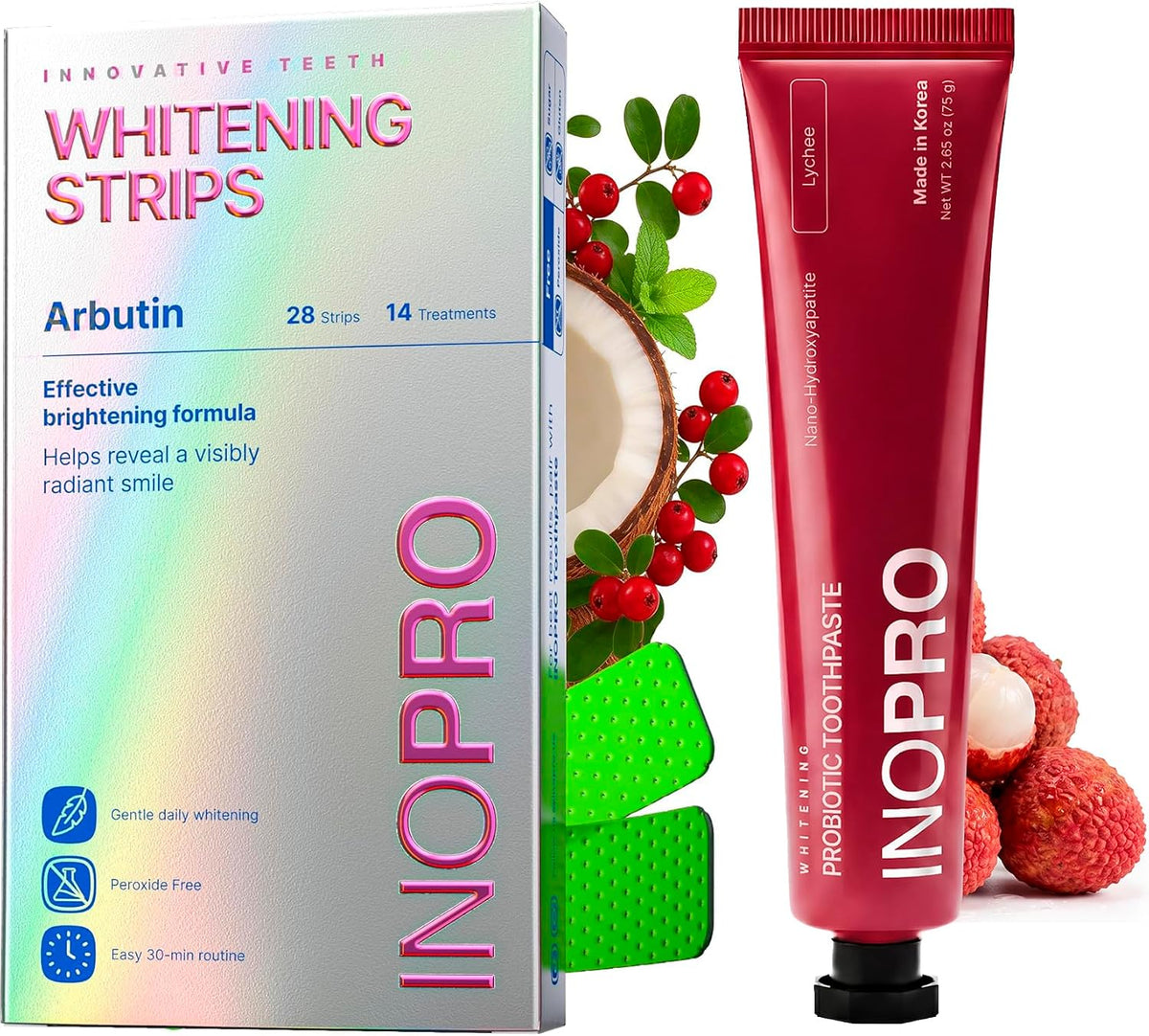 InoPro Teeth Whitening Strips 14 Treatments Kit + Nano-Hydroxyapatite Whitening Toothpaste with Probiotic for Sensitive Teeth - Lychee
