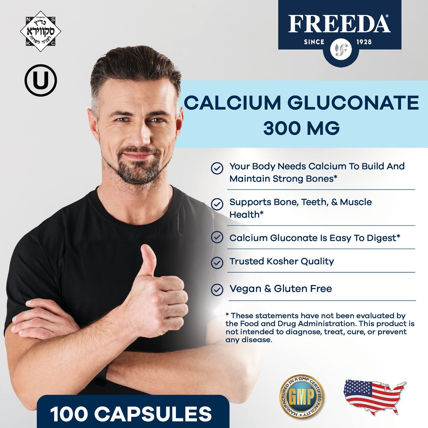 FREEDA Calcium Gluconate Supplement for Bone & Joint Support – 100 Capsules | Supports Teeth & Muscle Health – Pure Calcium w/o Vitamin D – Gentle on Stomach, Easy-to-Digest, Kosher, Vegan, Made in USA