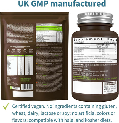 Pure & Essential Vegan Collagen Peptide Protein Powder + Live Cultures+ Lab4 Probiotics Vegan Bundle, Collagen Boosting Formula + 25 Billion CFU Lactobacillus Acidophilus & Bifidobacterium, by Igennus
