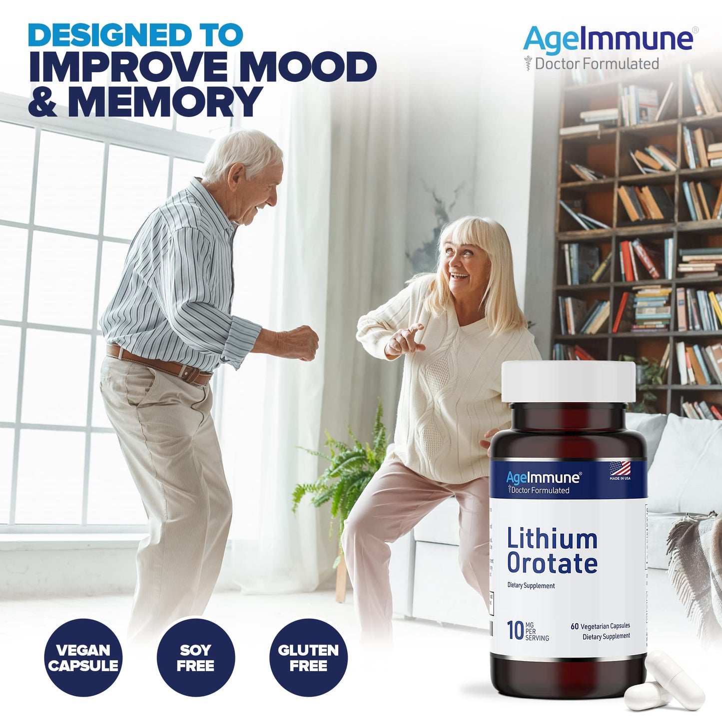 Lithium Orotate 10mg per Capsule - 60 Vegetarian Capsules. Memory and Emotional Wellness Support - Magnesium Stearate Free - 2 Months Supply of Lithium Supplement.