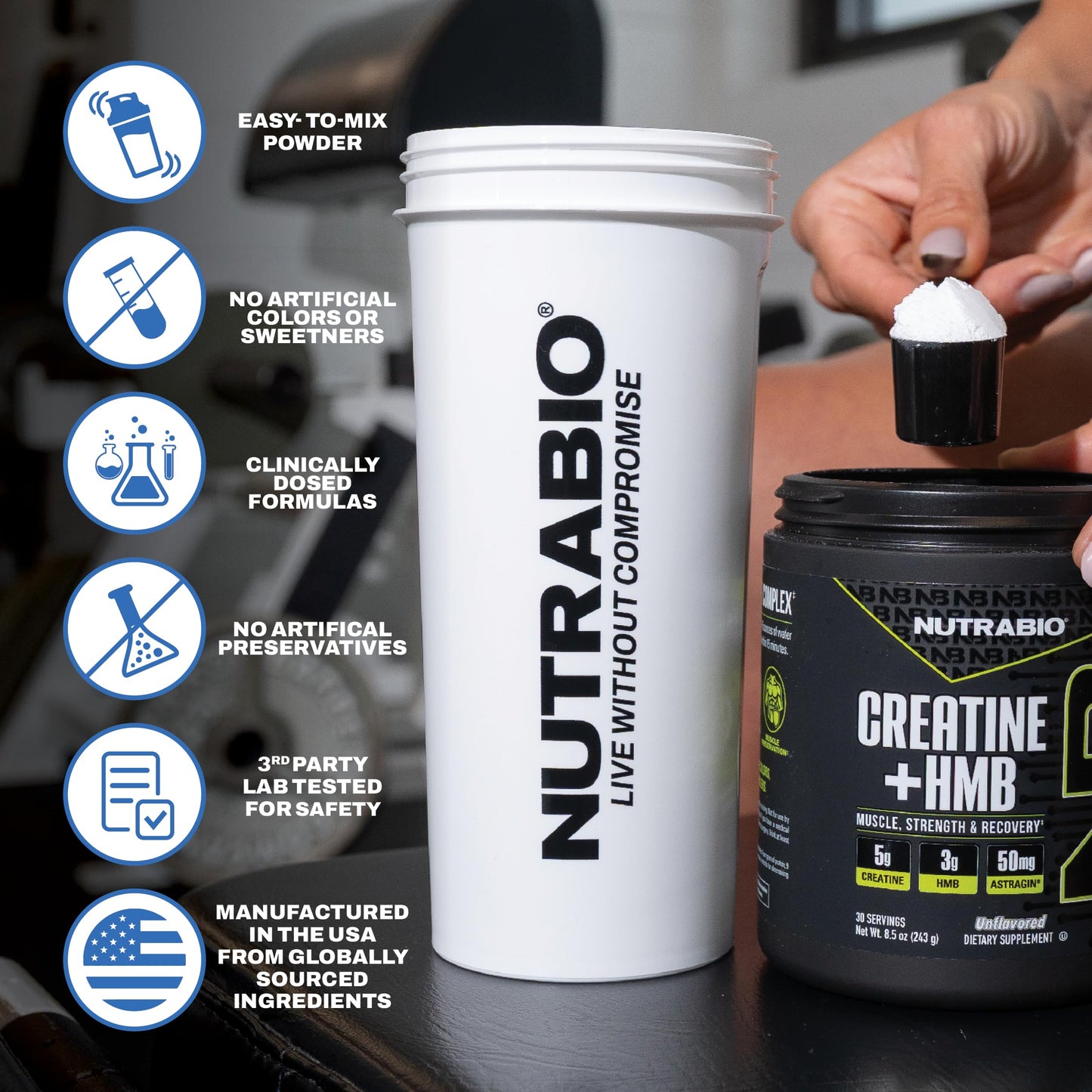 NutraBio Creatine + HMB- Creatine Monohydrate with HMB Powder for Muscle Growth, Increased Strength- 30 Servings (Unflavored)