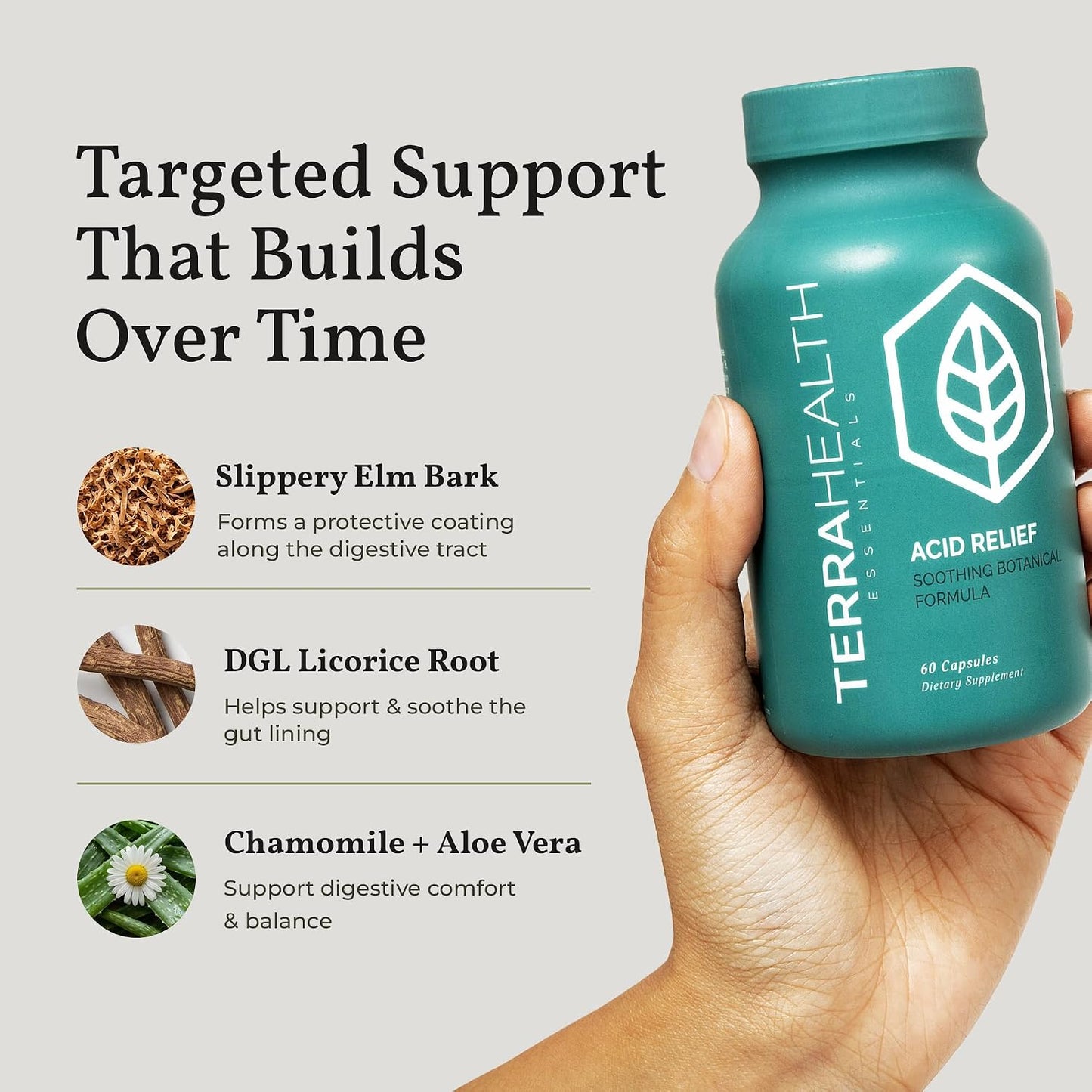 Terra Health Essentials Acid Relief - Daily Digestive Support Supplement for Gut Health & Balanced Digestion - Lemon Balm, Slippery Elm, Aloe Vera, DGL Licorice - Plant-Based & Non-GMO - 60 Capsules