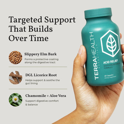 Terra Health Essentials Acid Relief - Daily Digestive Support Supplement for Gut Health & Balanced Digestion - Lemon Balm, Slippery Elm, Aloe Vera, DGL Licorice - Plant-Based & Non-GMO - 60 Capsules