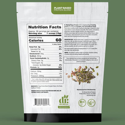 Dr. Murray's Super Foods 3 Seed Protein Powder - Pumpkin Flax Sunflower | Vegan Plant Protein | No Artificial Additives | GMP Certified | Unflavored, 1 lb.