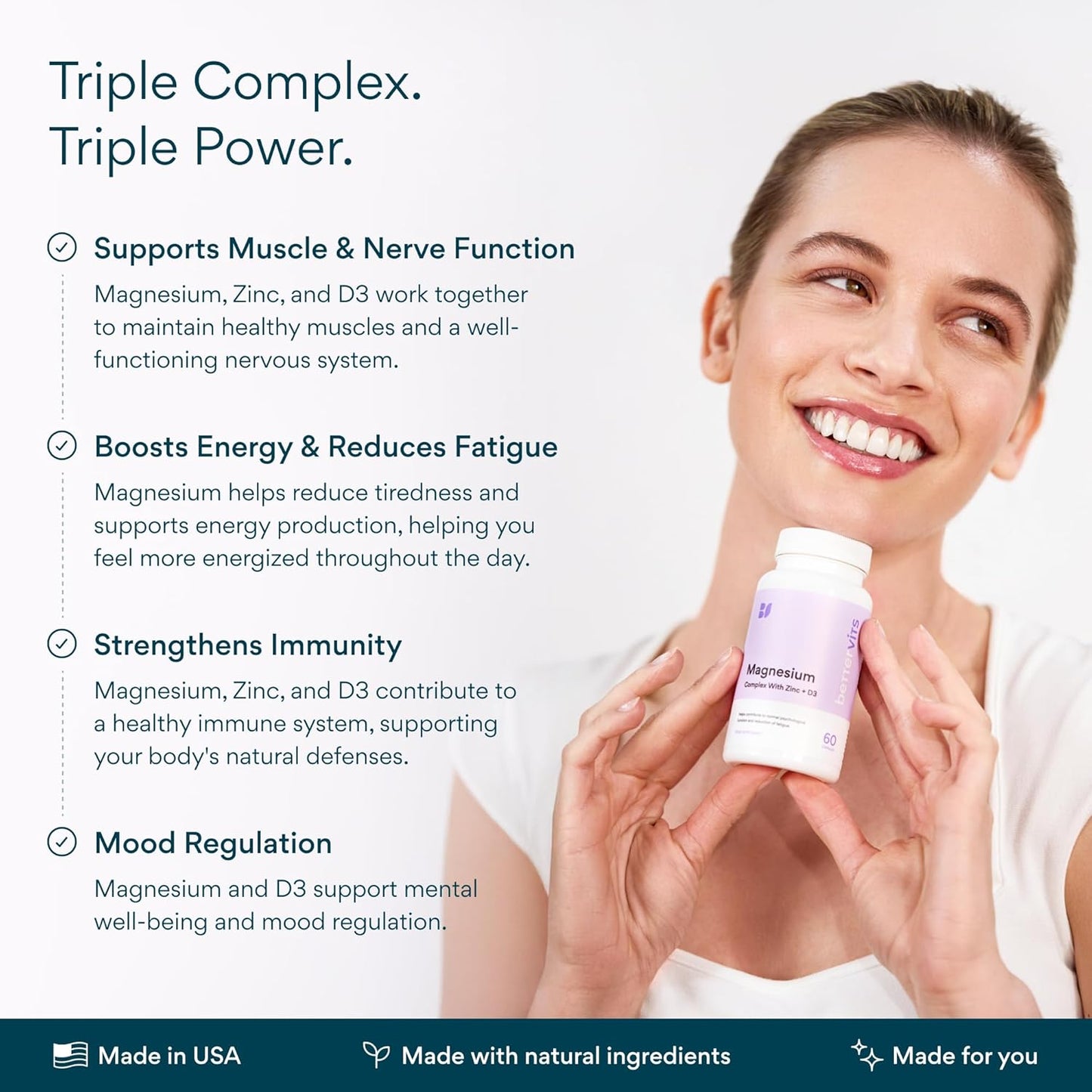 Bettervits Magnesium Glycinate Complex with Citrate Malate Zinc & Vitamin D3 | High Absorption Pure Magnesium 225mg Supplement Chelated Formula for Muscle Relaxation, Sleep Support – 60 Capsules