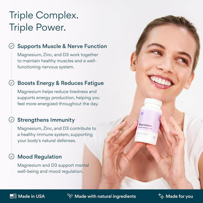 Bettervits Magnesium Glycinate Complex with Citrate Malate Zinc & Vitamin D3 | High Absorption Pure Magnesium 225mg Supplement Chelated Formula for Muscle Relaxation, Sleep Support – 60 Capsules