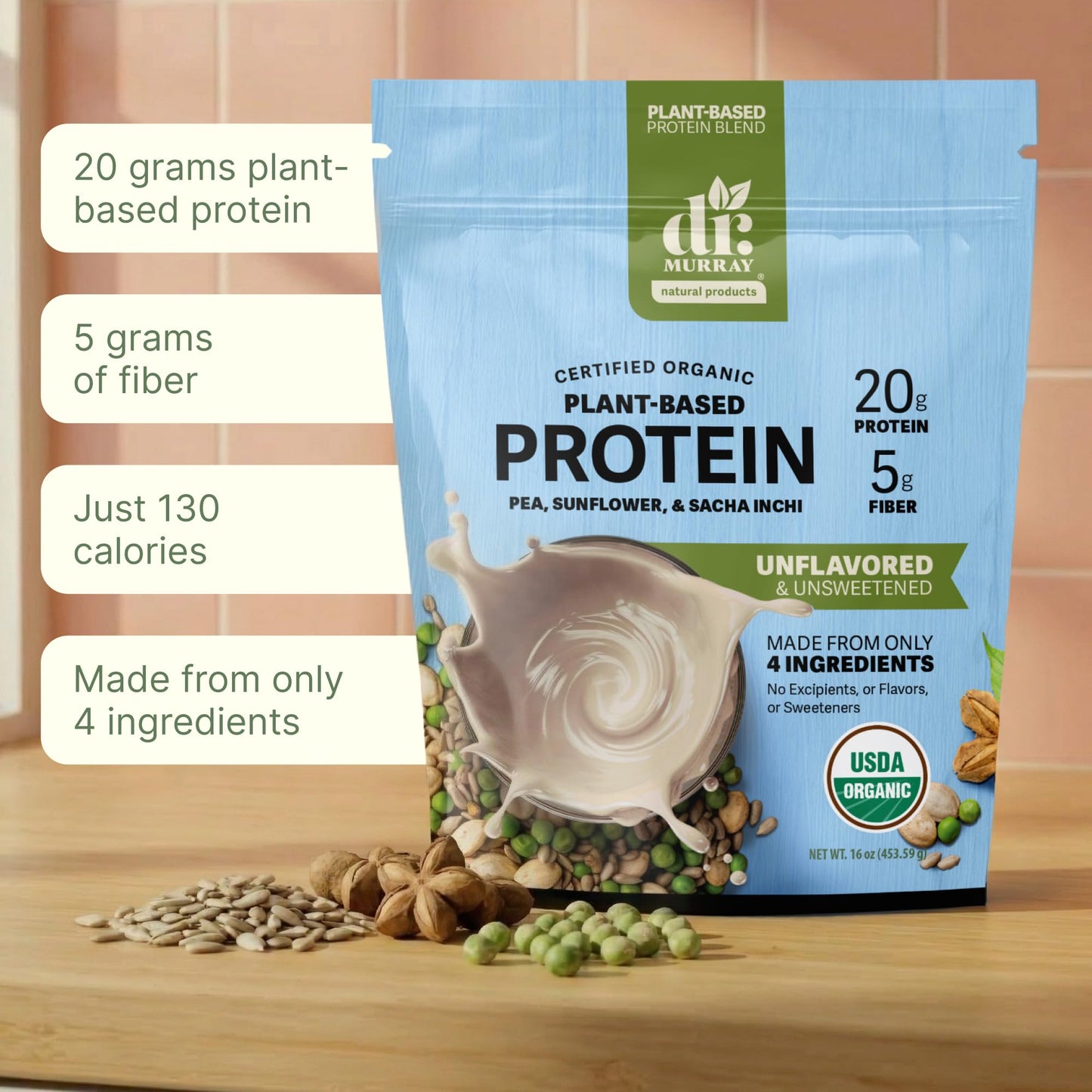 Dr. Murray's USDA Organic Plant Based Protein Powder | 20g Protein | 6g Fiber | Vegan & Keto | Gluten & Dairy Free | Low Carb | No Added Sugar | Matcha, 1 lb.