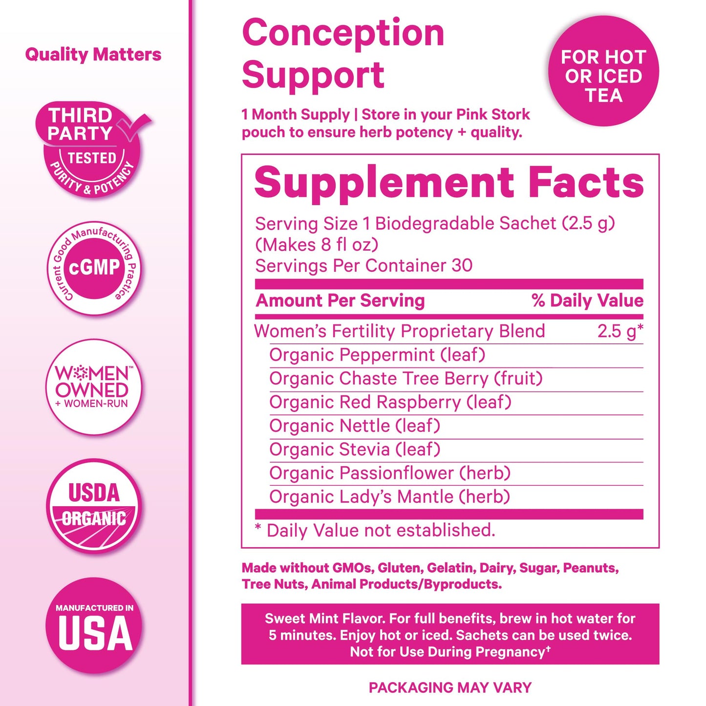 Pink Stork Organic Fertility Tea for Women, Sweet Mint, 15 Sachets | USDA Organic Herbs, Chaste Tree Berry (Vitex), Red Raspberry Leaf, Hormone Balance Support, Caffeine Free, 30 servings