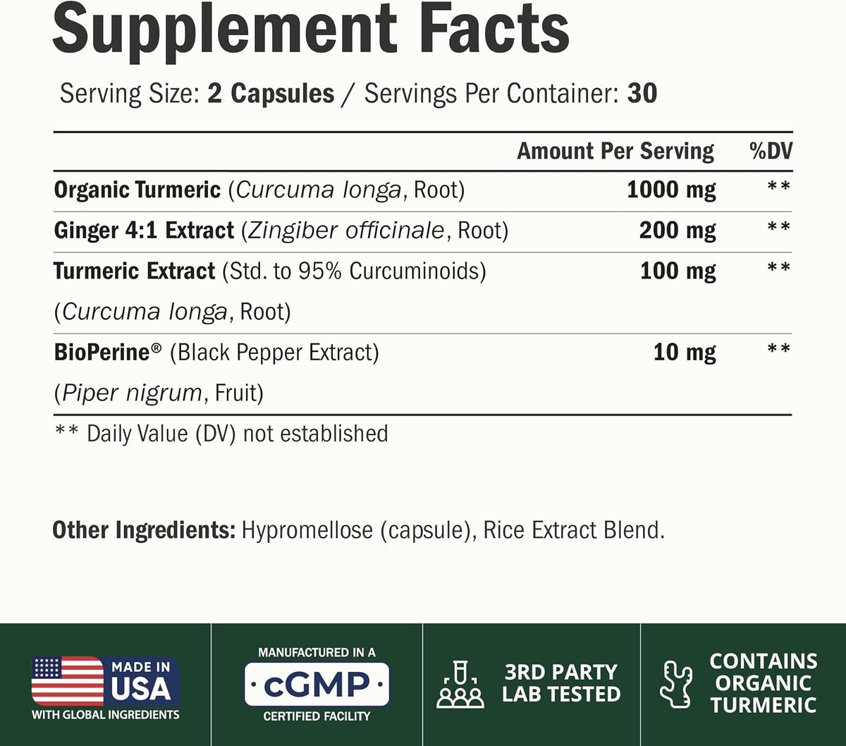 Turmeric and Ginger Supplement – Inflammation & Joint Support. 60 Capsules