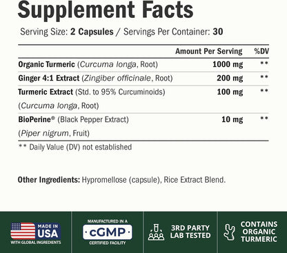 Turmeric and Ginger Supplement – Inflammation & Joint Support. 60 Capsules