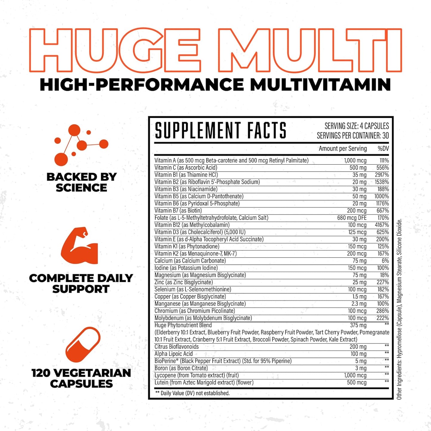 Huge Multi, Multivitamin for Men, High-Performance All-in-One Formula for Athletes & Bodybuilding, Vitamin & Mineral Replenishment, Supports Immune System & Healthy Hormone Levels (120 Capsules)