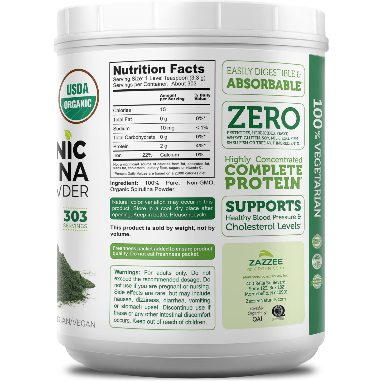 Zazzee USDA Organic Spirulina Powder, 2.2 Pounds (1 KG), 303 Servings, Certified Kosher, 100% Pure, Non-Irradiated, Mess-Free Wide Mouth Container, Fresh Smell and Neutral Taste, Non-GMO, Made in USA