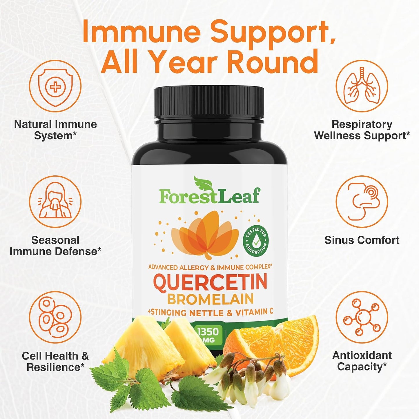 ForestLeaf Quercetin with Bromelain 1350mg - Blend with Vitamin C & Stinging Nettle Supplement, Quercetin 500mg Capsules, Non-GMO Gluten Free, Natural Function, 90 Veggie Caps
