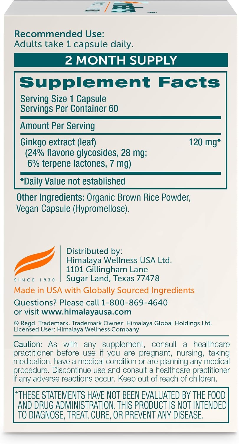 Himalaya Ginkgo Biloba Capsules, 120mg, Ginkgo Biloba Supplements for Brain Memory and Focus Support, Ginkgo Biloba Extract - Vegan, Gluten Free, 60 Capsules