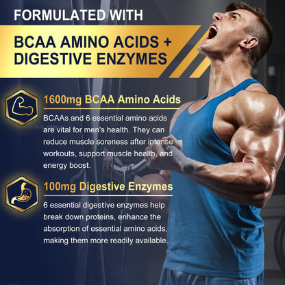 Methylated Multivitamin for Men Gummies, BCAA Amino Acids, Zinc, Daily Vitamin A C D3 E K2 B Complex, Calcium, Magnesium, Lycopene, Digestive Enzymes - Energy, Immune, Muscle- Sugar Free, Vegan, 60Cts