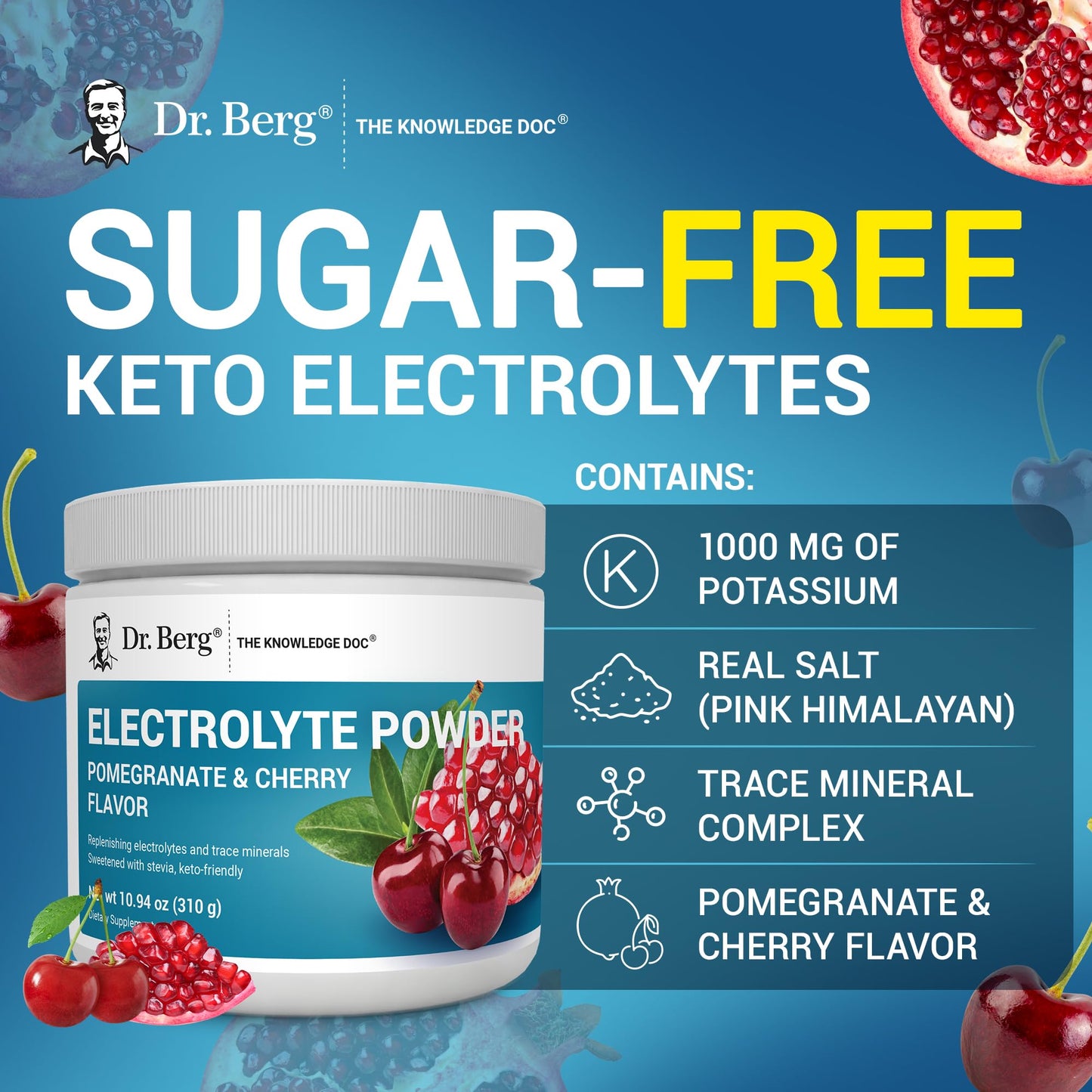 Dr. Berg Zero Sugar Hydration Keto Electrolyte Powder - Enhanced w/ 1000 mg of Potassium & Real Pink Himalayan Salt (NOT Table Salt) - Raspberry & Lemon Flavor Hydration Drink Supplement, 100 Servings