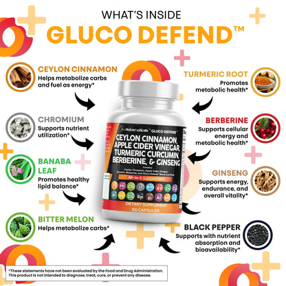 Clean Nutraceuticals Ceylon Cinnamon Capsules + Berberine Turmeric Apple Cider Vinegar Ginseng Bitter Melon (Karela) Gymnema Milk Thistle Fenugreek Supplement Pills Powder for Men & Women