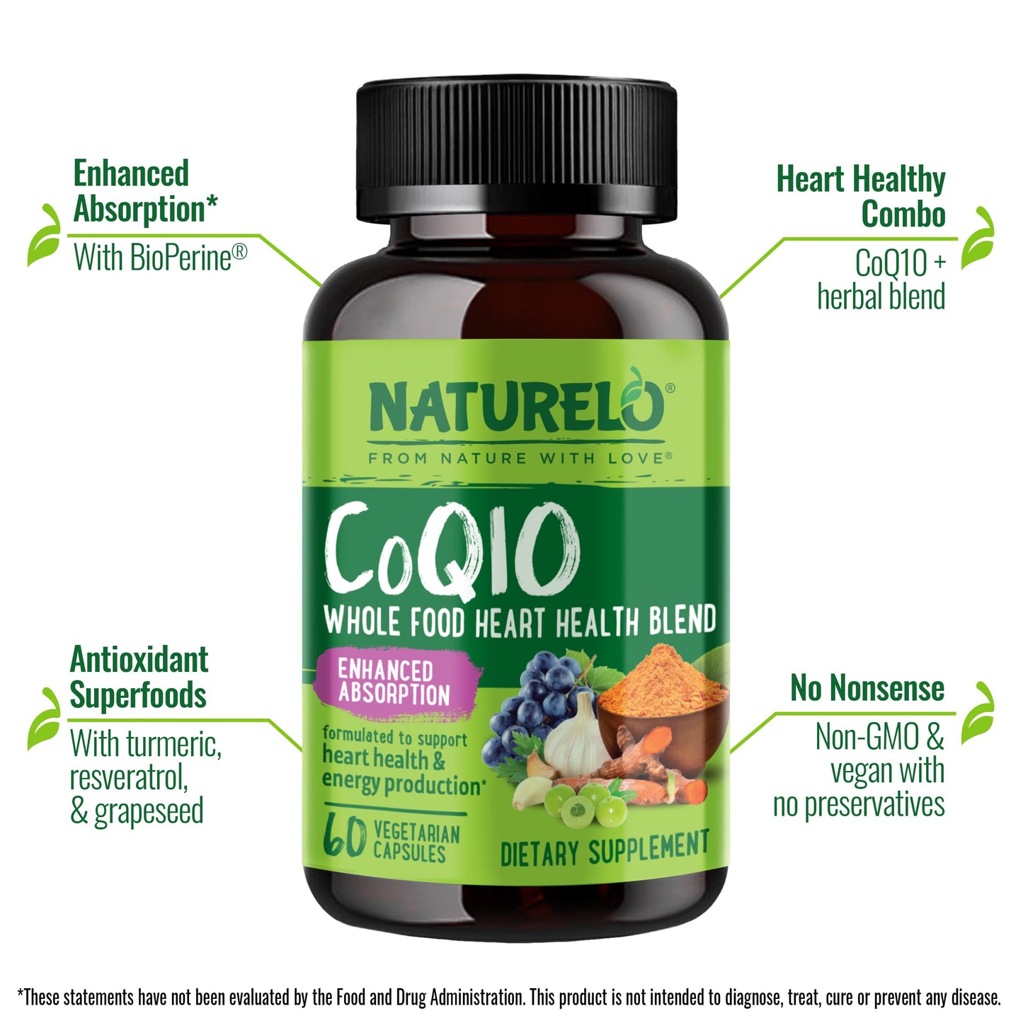 NATURELO Whole Food CoQ10 Supplement, 120 Veg Capsules, Heart Health Blend, Powerful Antioxidant, CoQ10 100mg Supports Energy Production