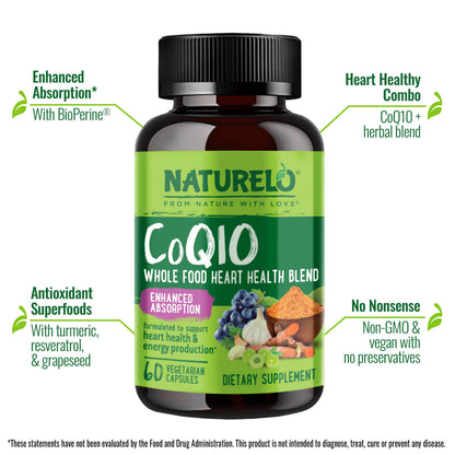 NATURELO Whole Food CoQ10 Supplement, 120 Veg Capsules, Heart Health Blend, Powerful Antioxidant, CoQ10 100mg Supports Energy Production