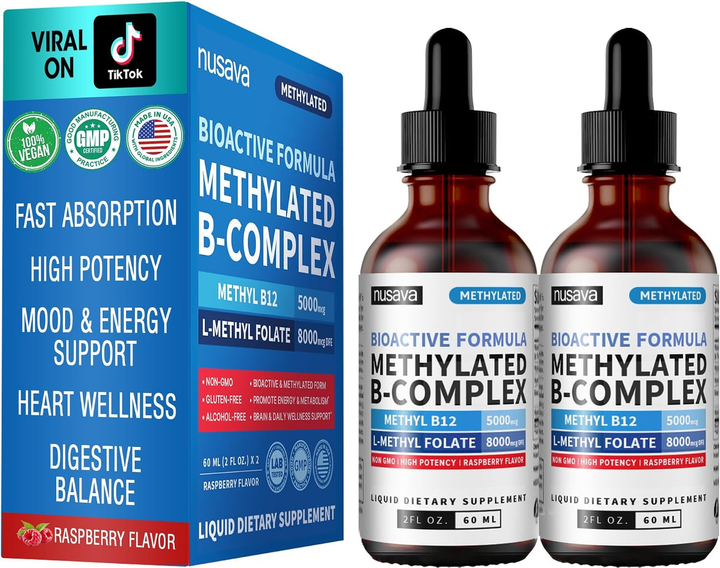 (4-Pack) Methylated B Complex Liquid Drops - Vitamin B Complex with Active L Methylfolate - B12 Sublingual Drops - Vegan B12 Vitamin 5000mcg, Non-GMO, Raspberry Flavor, No Sugar, 2 Fl oz, 80 Servings