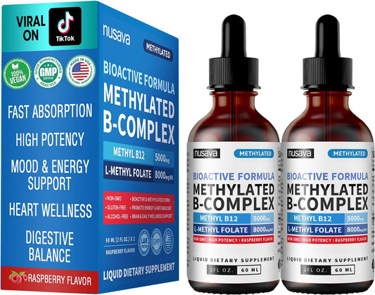 (4-Pack) Methylated B Complex Liquid Drops - Vitamin B Complex with Active L Methylfolate - B12 Sublingual Drops - Vegan B12 Vitamin 5000mcg, Non-GMO, Raspberry Flavor, No Sugar, 2 Fl oz, 80 Servings