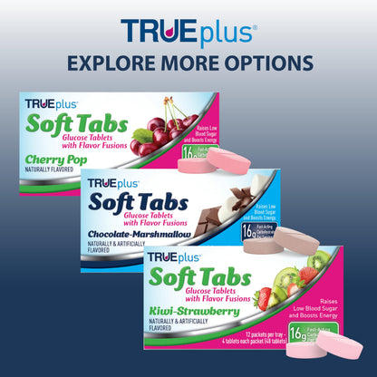 TRUEplus Soft Tabs Glucose Tablets, Cherry Pop Flavor, 4 Count, 12 Packs | Chewable Tablets, 16g Fast-Acting Carbohydrates, Fat Free, Gluten Free, Boosts Energy, Great Tasting and Easy to Use