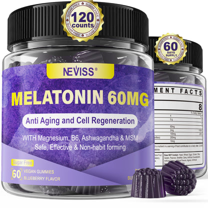 Antioxidant & Brain Support Melatonin 60mg 30mg for 50+ Adults | High Dose Melatonin for Anti-Aging & Immune | Extra Strength Melatonin Gummies with B6, Ashwagandha, Magnesium, MSM - 60 Gummies