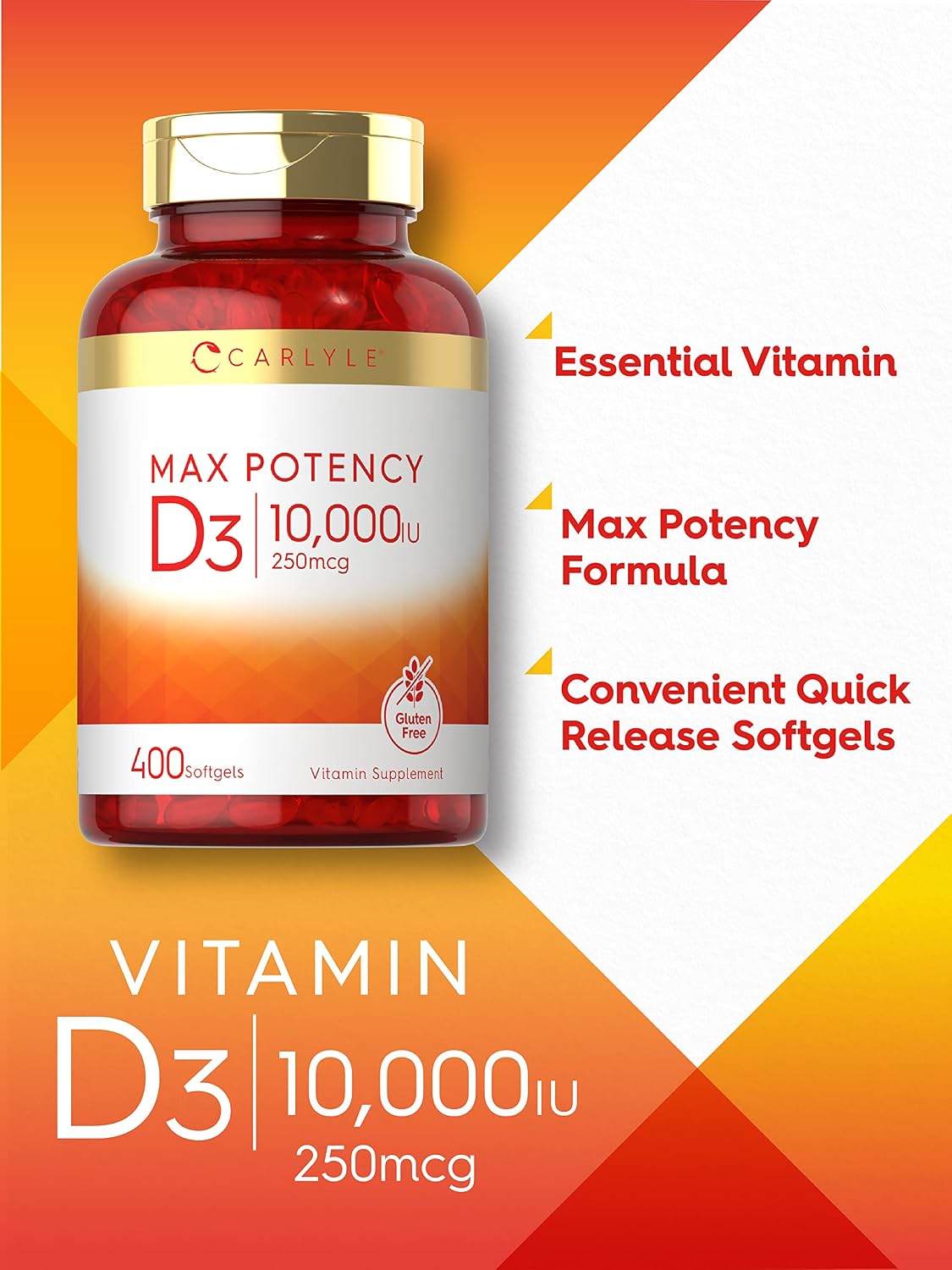 Carlyle Vitamin D3 10000 IU (250 mcg) | 400 Softgels | Value Size | Max Potency | Non-GMO, Gluten Free Supplement