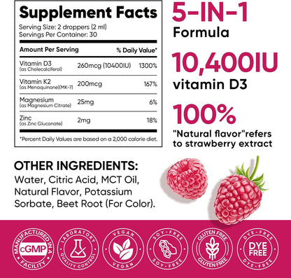 5-in-1 Vitamin D3 K2 Drops, Vitamin D3 10400 IU & K2(MK-7) 200mcg | With Magnesium, MCT Oil, Zinc, Maximum Absorption Vitamin D Liquid for Bone, Mood & Immune - Sugar Free | 2 FL OZ | 60 Days